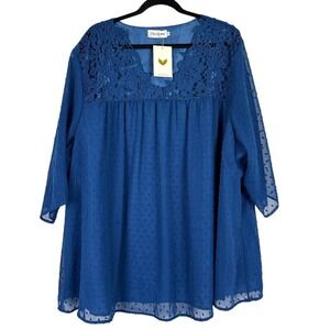 NWT Flycurvy Blue Lace Boho Tunic Top Size‎ 5XL Sheer Sleeves Feminine Blouse